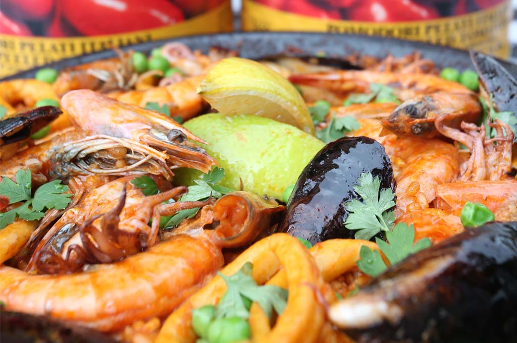 Seafood paella close-up